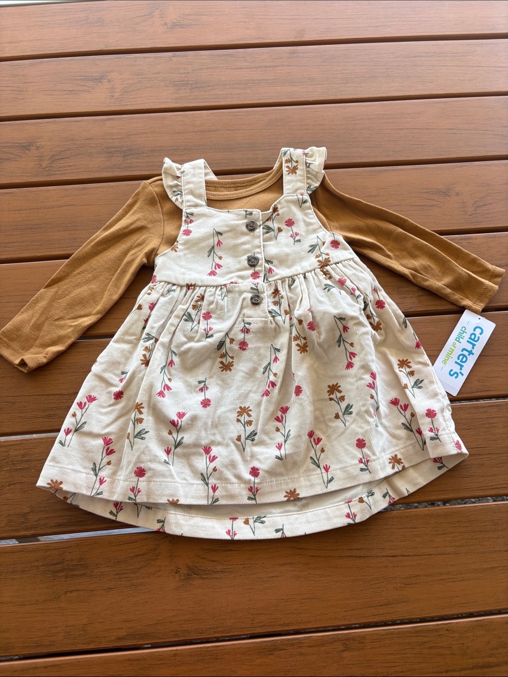 NWT Carter's Cream Floral Pinafore Dress with Mustard Long-Sleeve Top